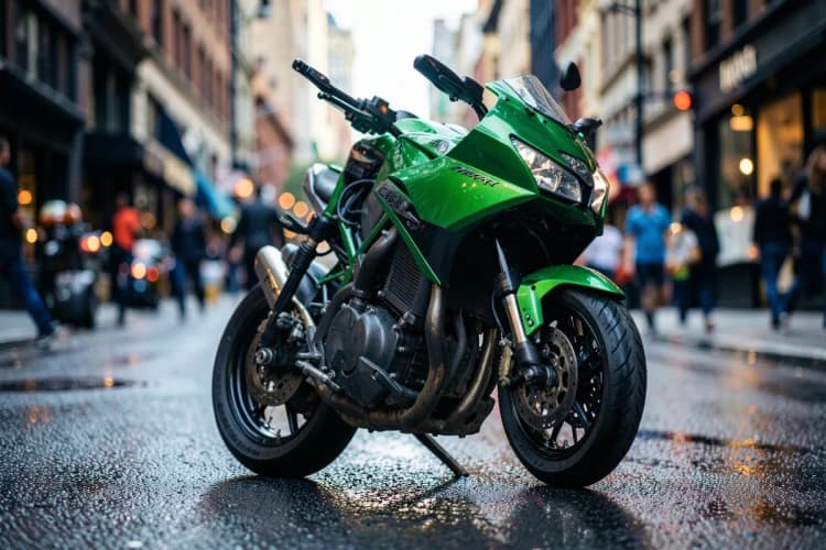 Uma moto sendo estacionada em uma vaga apertada em uma rua movimentada da cidade.