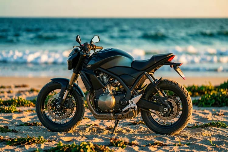Uma moto sendo estacionada em frente a uma praia com o mar ao fundo.