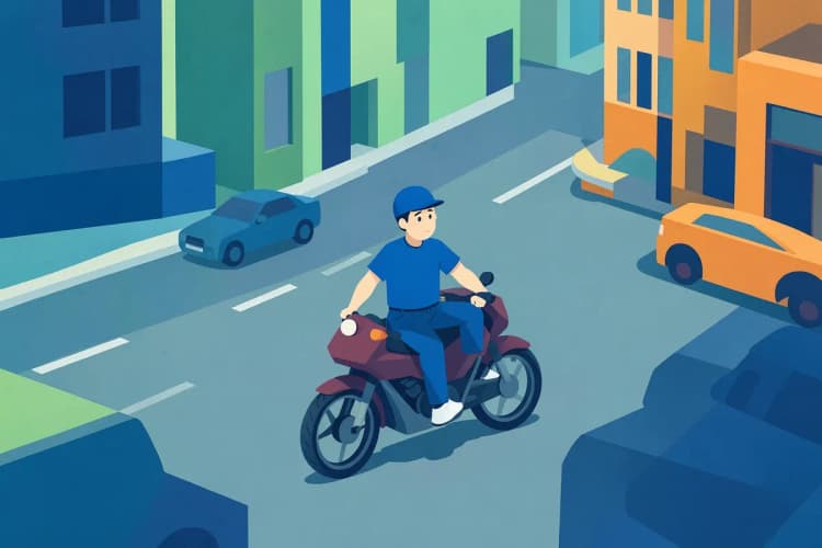 Motoboy em uma moto em movimento em uma rua da cidade.