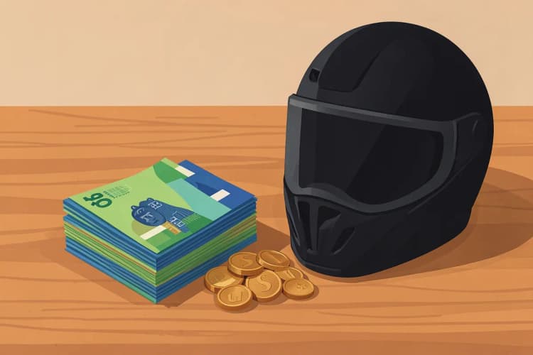 Pilha de moedas e notas de dinheiro ao lado de um capacete de moto.