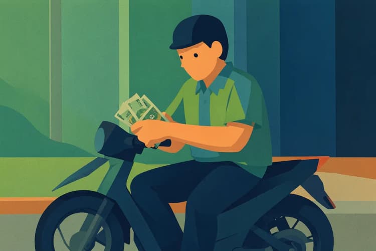 Motoboy contando dinheiro em suas mãos.