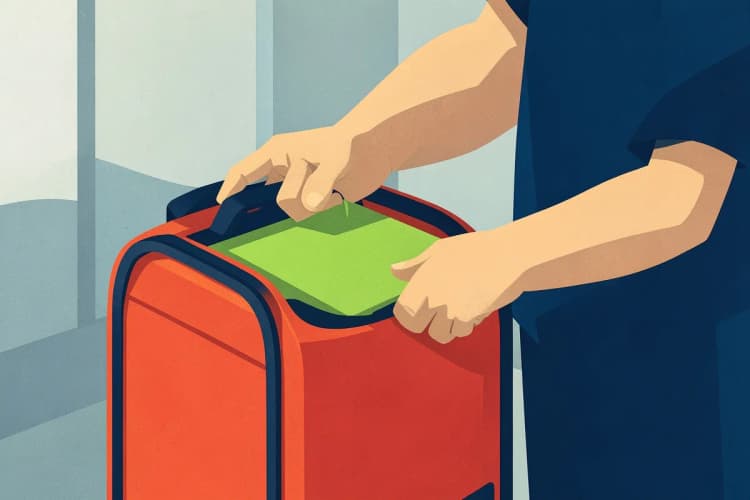 Motoboy organizando pacotes em uma mochila de entrega.