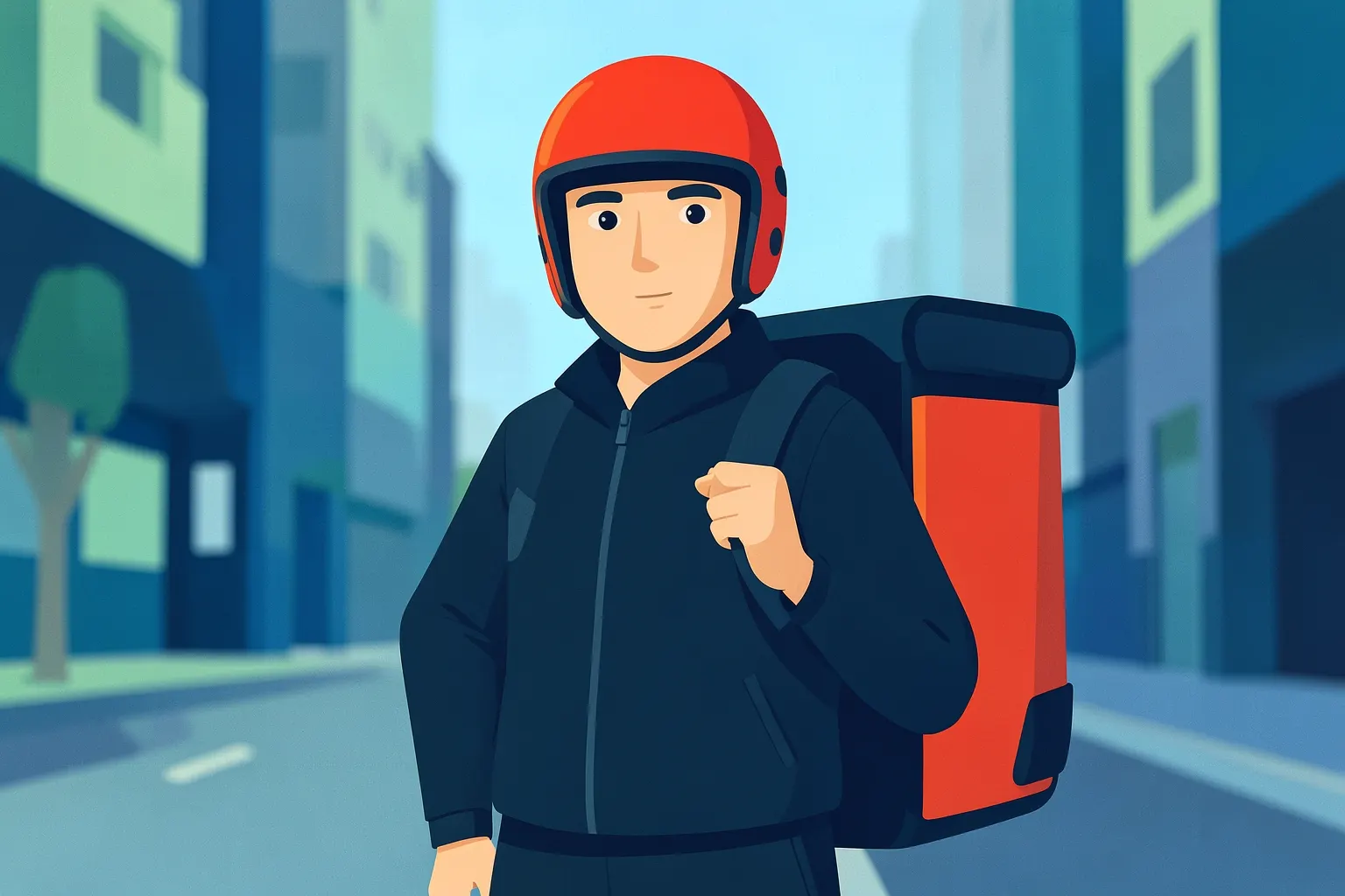 Motoboy sorrindo com mochila de entrega nas costas, em frente a um prédio.