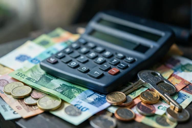 Uma calculadora sobre notas de dinheiro e moedas, ao lado de uma chave de moto.