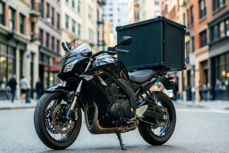 Uma moto preta com uma caixa de entrega grande nas costas, em uma rua urbana.