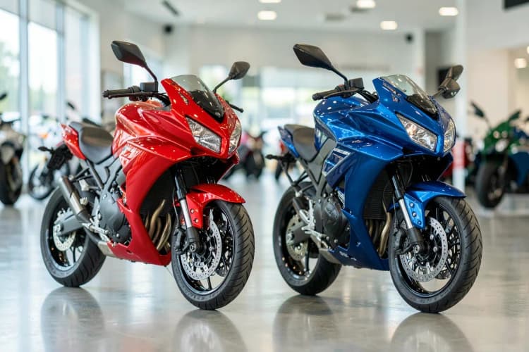 Duas motocicletas lado a lado, uma vermelha e uma azul, em uma concessionária com outras motos ao fundo.