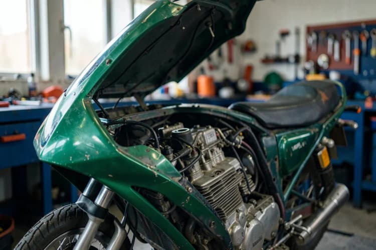 Uma motocicleta usada em um mecânico, com o capô aberto e peças visíveis, em um ambiente de oficina.