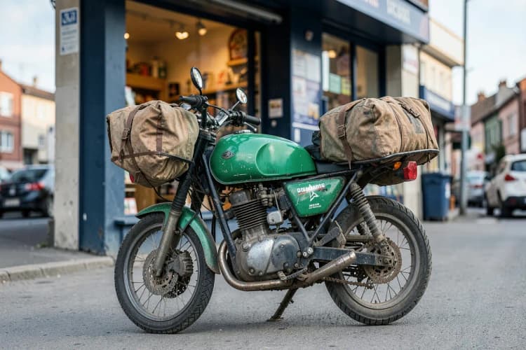 Uma motocicleta utilitária estacionada em frente a uma loja, com sacolas de entrega presas na traseira.