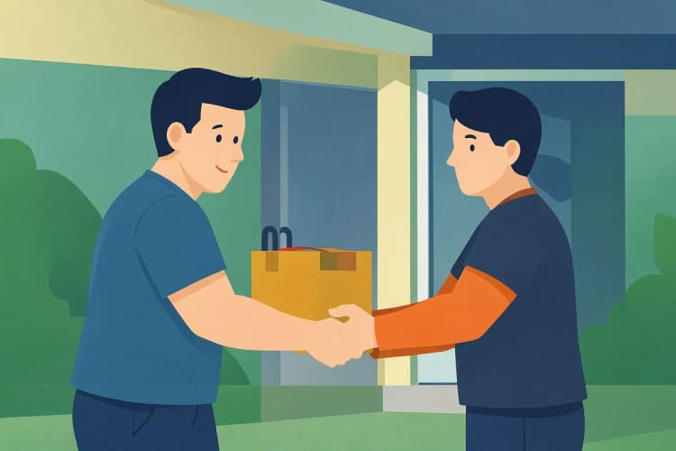 Um motoboy entregando uma caixa para um cliente em frente a uma casa