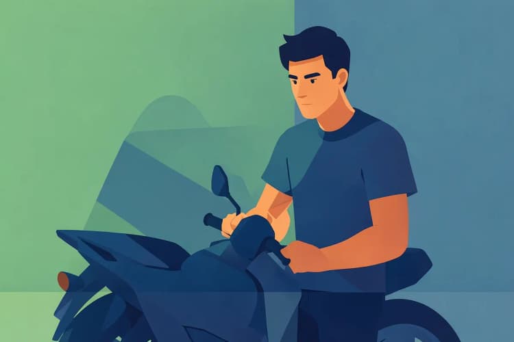 Um motoboy pensativo olhando para uma moto estacionada