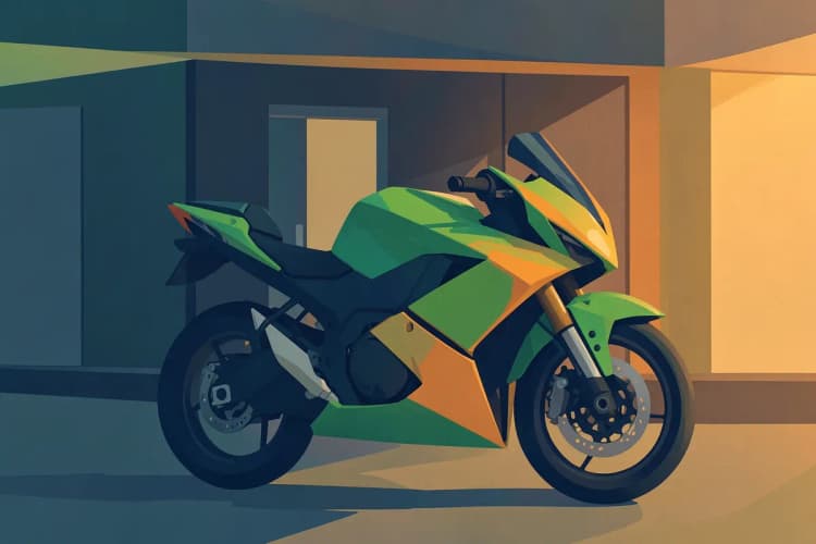 Uma moto sendo estacionada em frente a uma loja