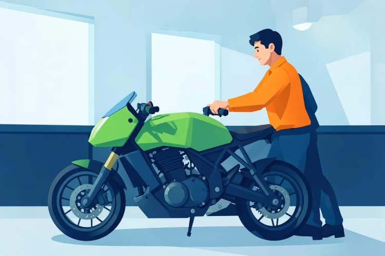 Uma moto sendo alugada em uma loja com um atendente