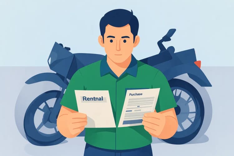 Um motoboy comparando papéis de aluguel e compra de moto