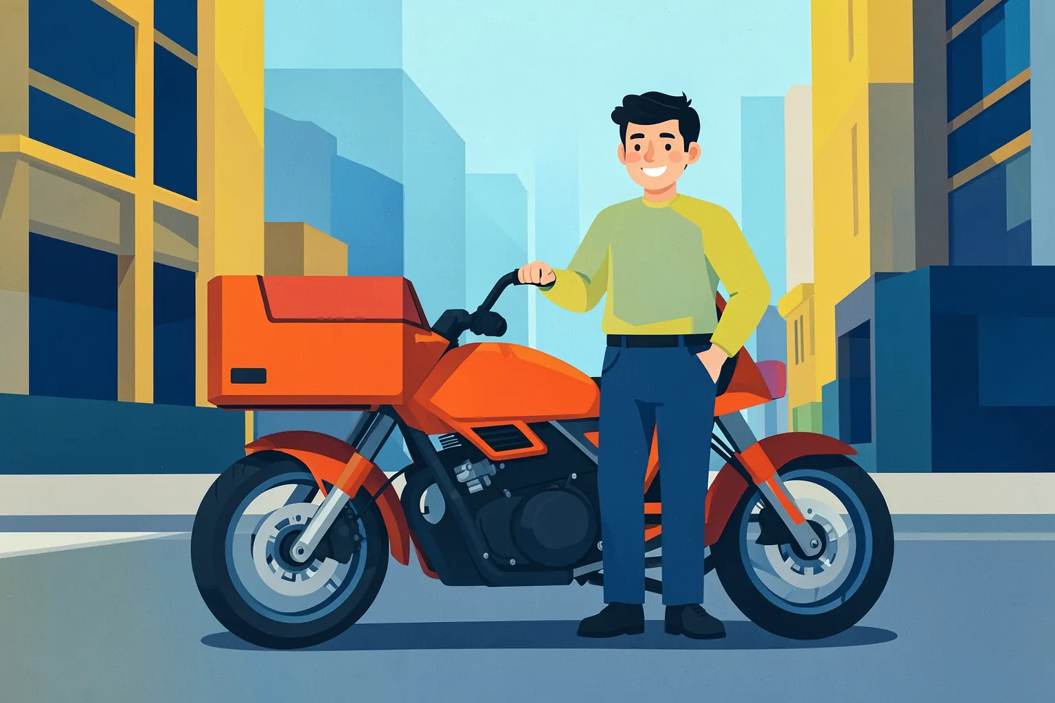 Um motoboy sorrindo em uma moto vermelha estacionada na rua com prédios ao fundo