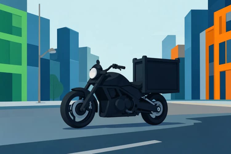 Uma moto preta com baú de entrega de gás em movimento em uma rua urbana com prédios ao fundo.