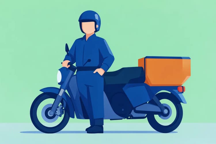 Uma pessoa vestindo uniforme azul e capacete, parada ao lado de uma moto de entrega de gás com baú.