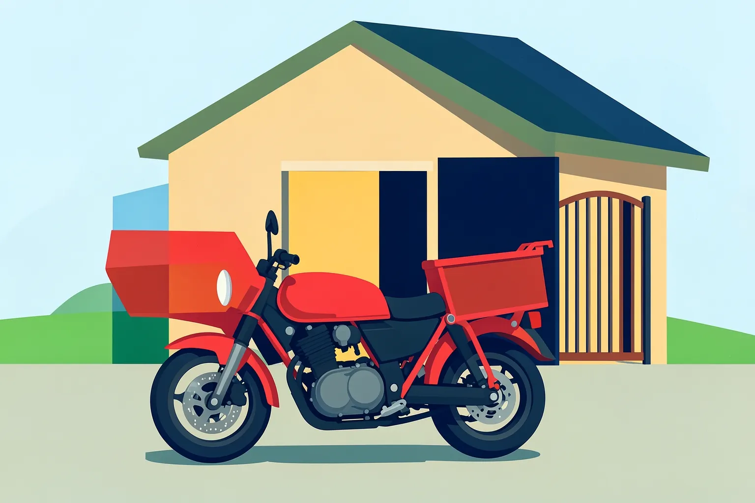 Uma moto vermelha com baú de entrega de gás estacionada em frente a uma casa simples com portão aberto.