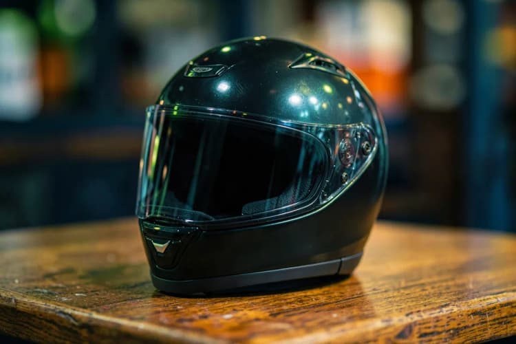 Uma mão segurando um capacete de moto preto sobre um balcão de madeira. O capacete está em primeiro plano, com o balcão desfocado ao fundo. A luz suave incide sobre o capacete.