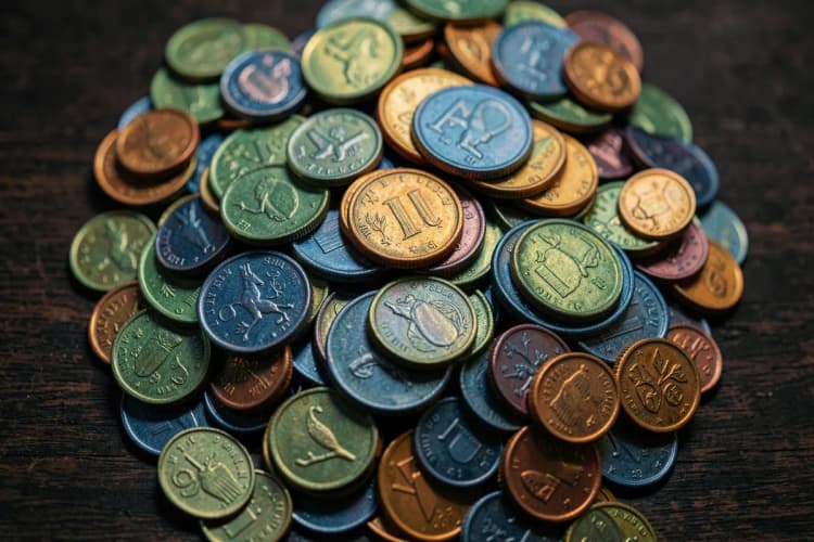 Um monte de moedas de diferentes valores empilhadas sobre uma superfície de madeira escura. As moedas estão em primeiro plano, com a madeira desfocada ao fundo. A luz de cima cria sombras nas moedas.