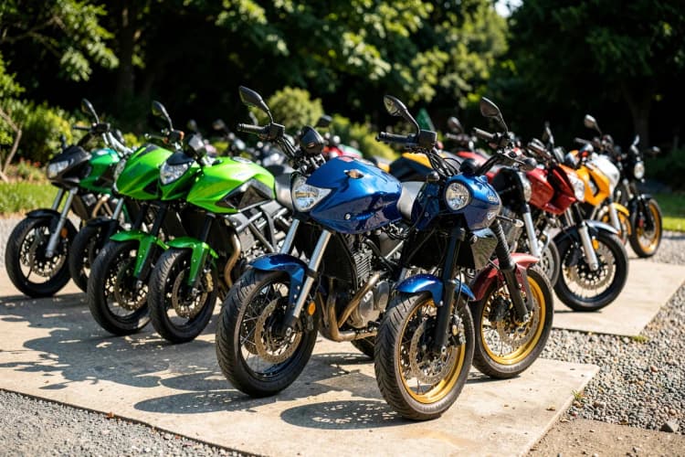 Uma fileira de motocicletas de diferentes modelos e cores estacionadas em um pátio. As motos estão em primeiro plano, com o pátio e um muro ao fundo. A luz do sol forte cria sombras nítidas.