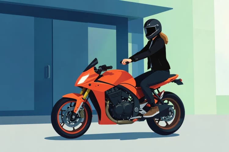 Uma mulher de capacete sobe em uma moto vermelha recém-alugada em frente a uma loja.