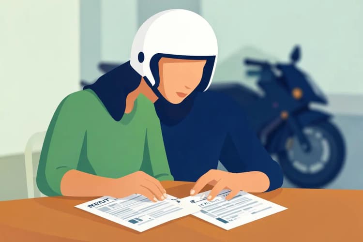 Uma mulher compara dois contratos de aluguel de moto em uma mesa com uma moto ao fundo.