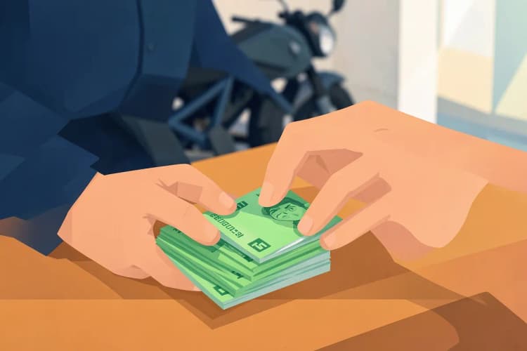Um homem conta notas de dinheiro em cima de uma mesa com uma moto ao fundo.