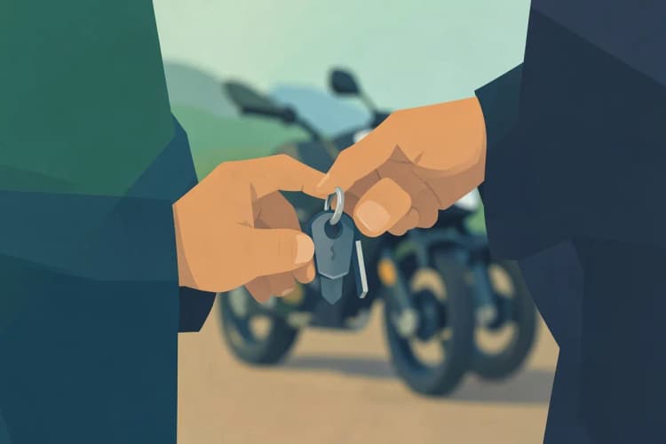 Uma pessoa sorrindo enquanto segura as chaves de uma moto alugada.