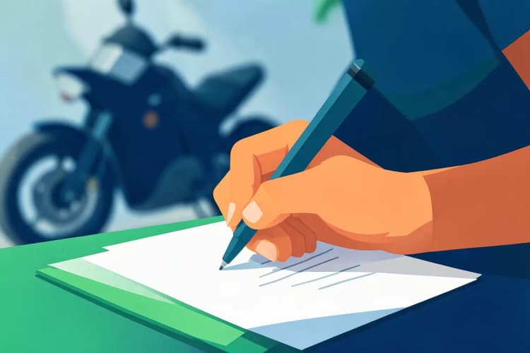 Pessoa assinando um contrato com uma caneta, com uma moto ao fundo