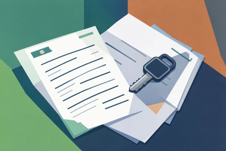 Close-up de documentos e uma chave de moto sobre uma mesa