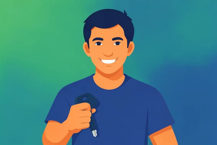 Pessoa sorrindo enquanto segura a chave de uma moto e olha para a câmera