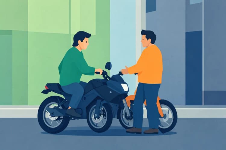 Duas pessoas conversando perto de uma moto estacionada na rua