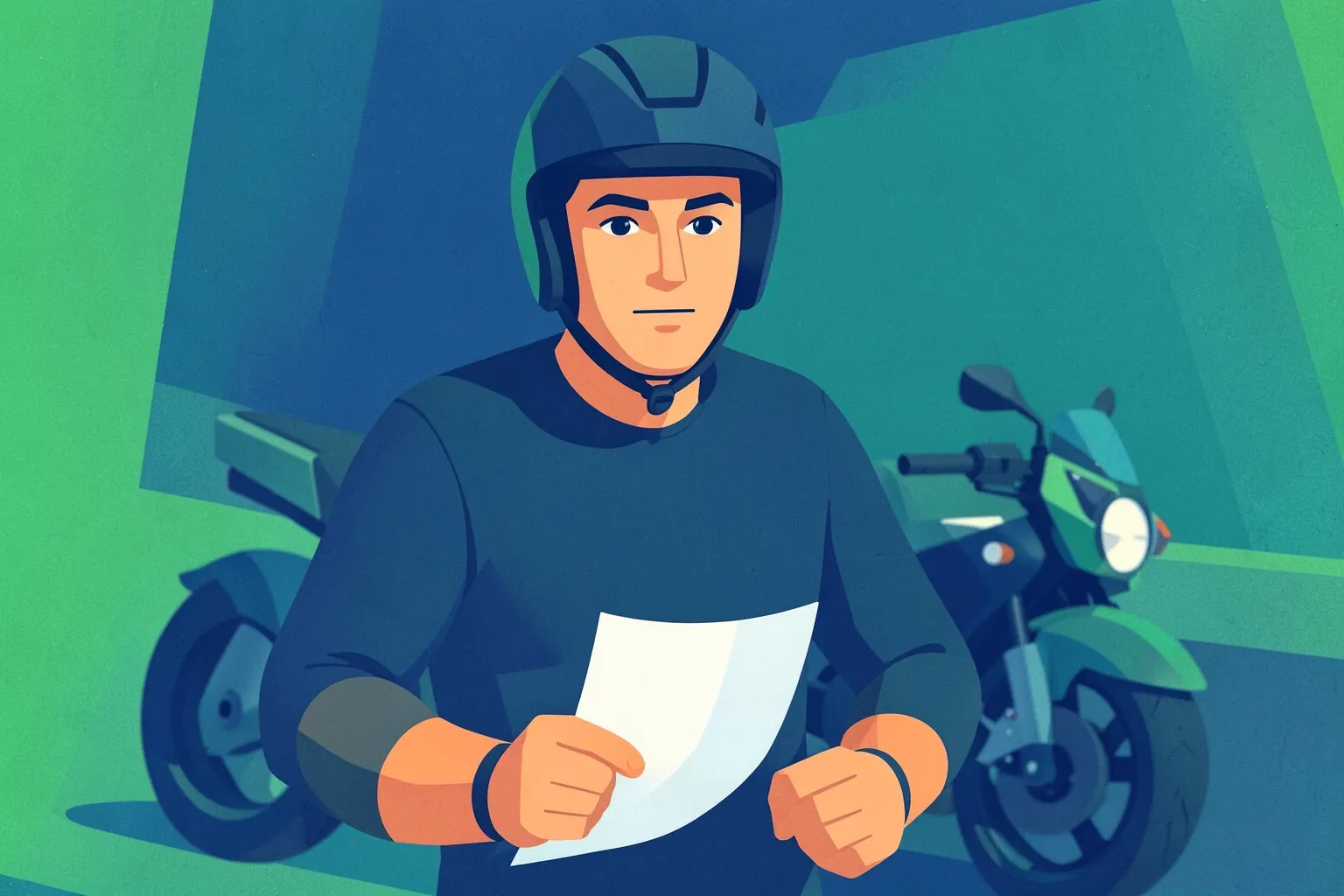 Homem de capacete olhando para a câmera, com uma moto ao fundo e documentos na mão
