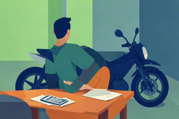 Uma pessoa pensativa sentada em frente a uma motocicleta com uma calculadora e papéis ao lado.