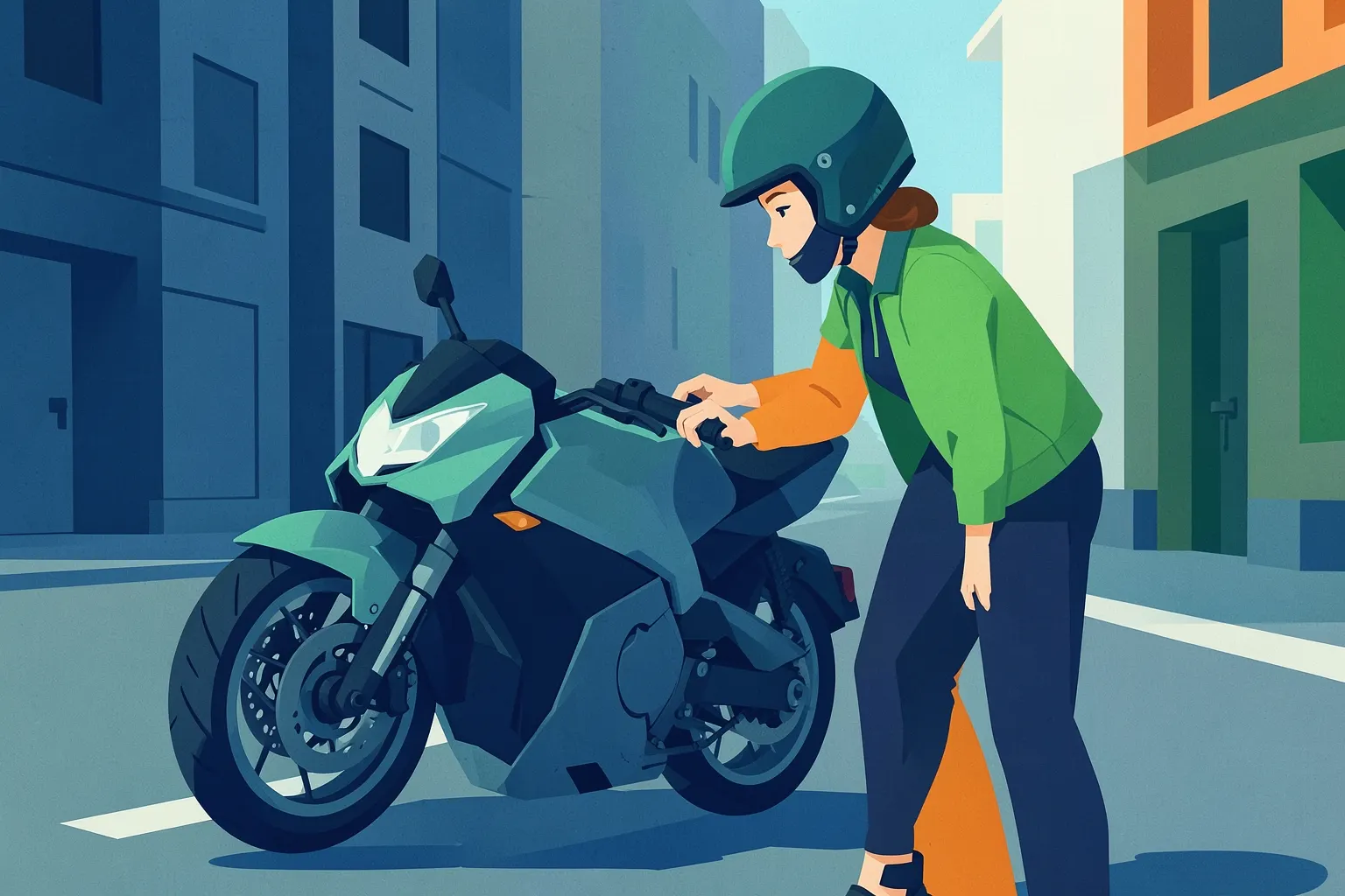Uma mulher de capacete olhando atentamente para uma motocicleta estacionada em uma rua urbana com prédios ao fundo.