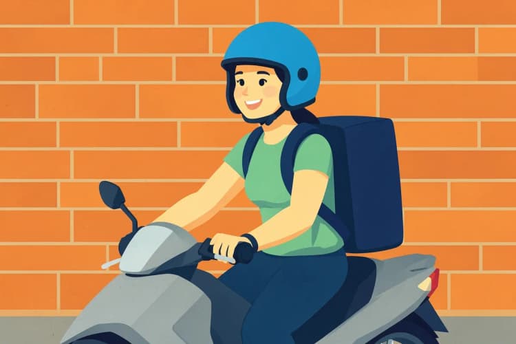 Uma mulher sorridente com capacete azul, em cima de uma moto elétrica cinza, com uma mochila de entrega nas costas, em frente a um muro de tijolos.