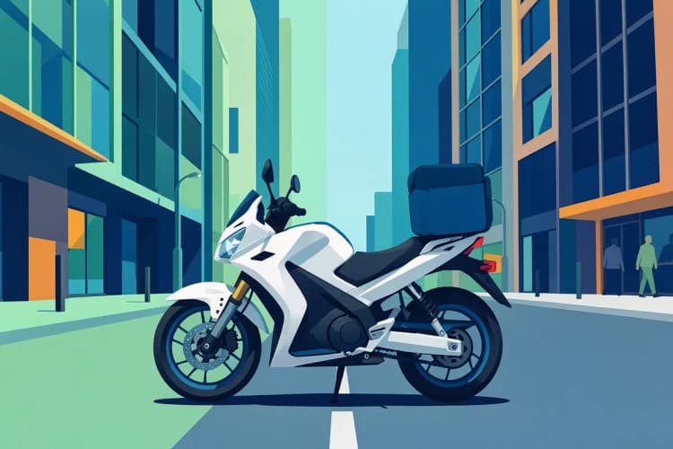 Uma moto elétrica branca e azul com uma mochila de entrega estacionada em uma rua urbana movimentada, com prédios ao fundo.