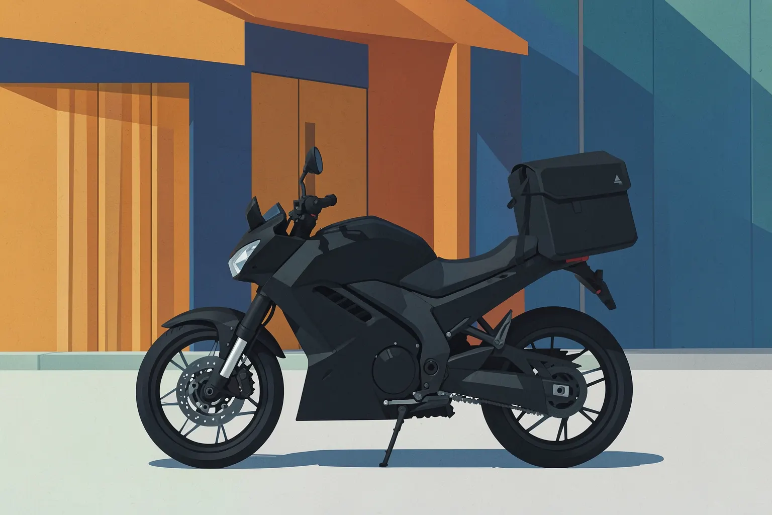 Uma moto elétrica preta estacionada em frente a um prédio moderno com detalhes em madeira, com uma mochila de entrega nas costas.