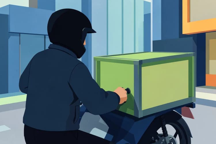 Uma pessoa de capacete e jaqueta preta, vista de costas, ajustando o baú de uma moto de entrega estacionada na rua.