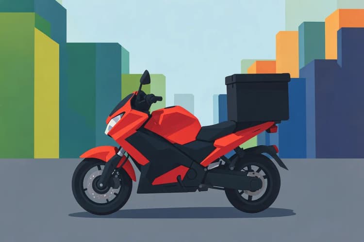 Uma moto vermelha e preta com baú de entrega estacionada em uma rua urbana com prédios ao fundo.
